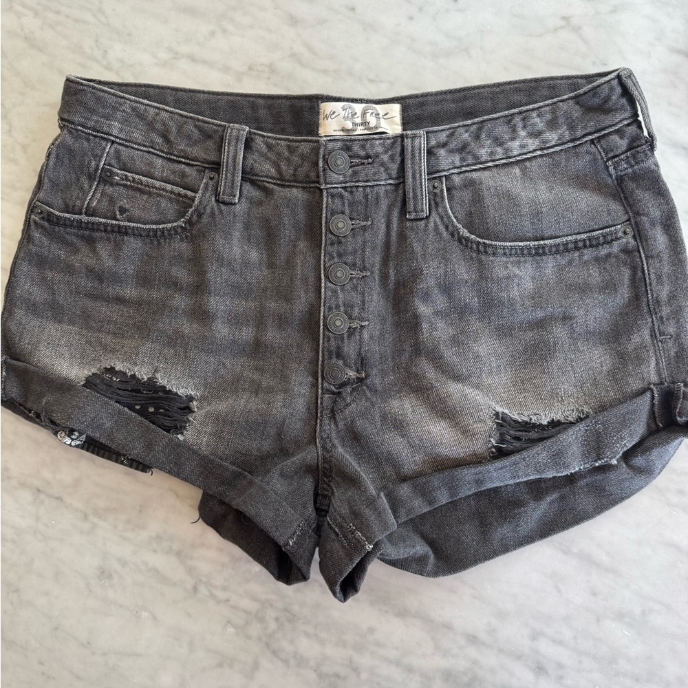 We The Free Charcoal Button-Front Distressed Denim Shorts
